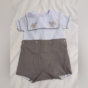Araluz Toddler Boys Brown Gingham Turkey Thanksgiving Stitched Bobby Suit | 18M